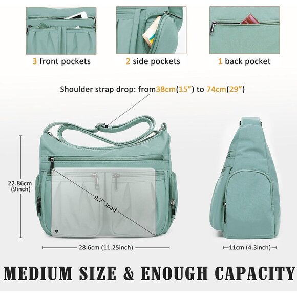 Women Light Green-Nylon Water Resistant Anti Theft Travel Crossbody Shoulder Bag - Picture 3 of 6